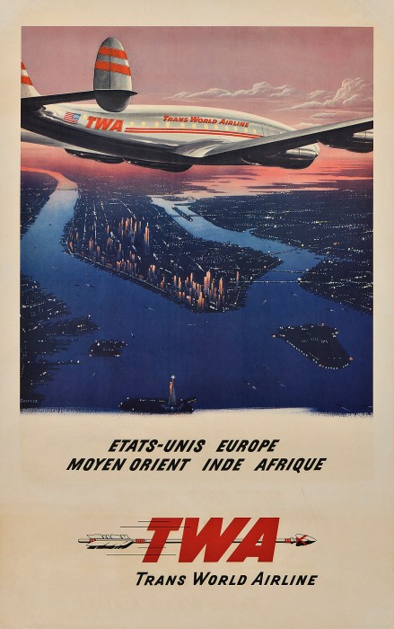 image of a travel poster showing a TWA plane and NYC, which is part of a Poster House exhibit