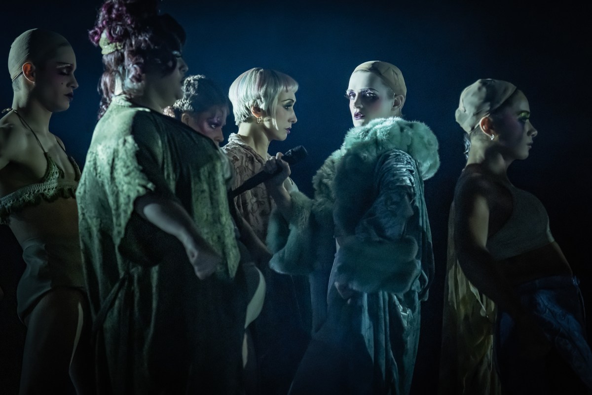 Gayle Rankin (c.) as Sally Bowles with the Kit Kat Girls in the 2024 "Cabaret" revival on Broadway.