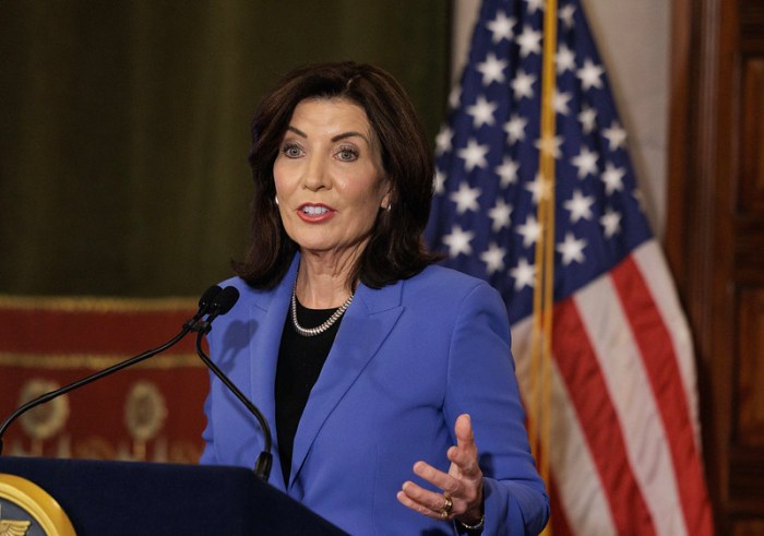 Governor Kathy Hochul talking at podium