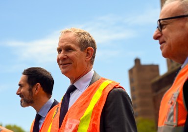 MTA Chair and CEO Janno Lieber at climate change resiliency announcement, wearing orange vest