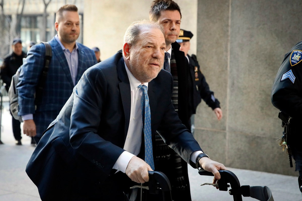 Harvey Weinstein using a walker near New York court