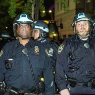 Officers in riot gear near Columbia University
