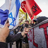 Protesters hold Israeli flag near Columbia University