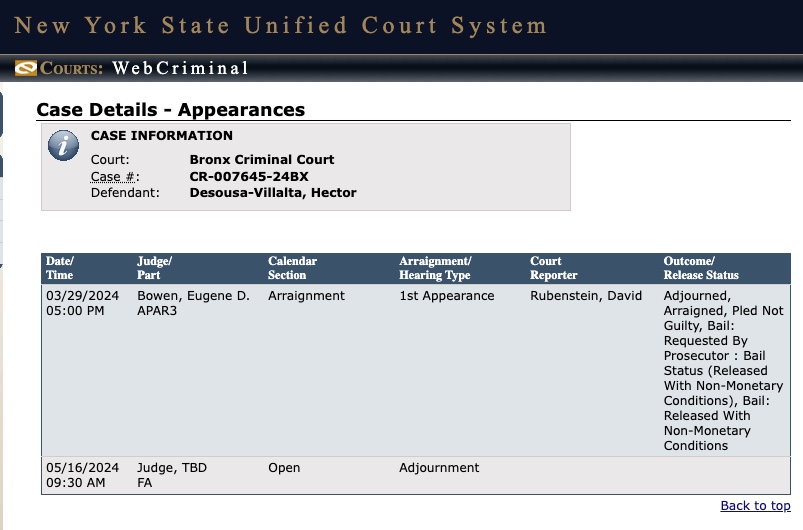 Screenshot of court record of Bronx suspect arrested with guns and drugs