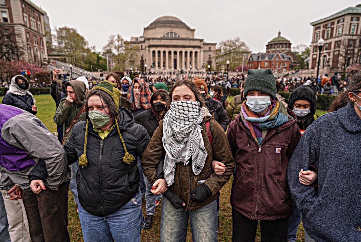 Protesters at Columbia University stand shoulder to shoulder