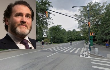 Michael Stuhlbarg inset in front of location where he was assaulted in Central Park