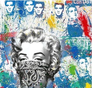 Stay Safe by Mr. Brainwash; multicolored painting featuring Marilyn Monroe wearing a bandana