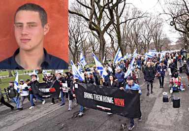 Photo of Israeli hostage and rally in support of hostages release