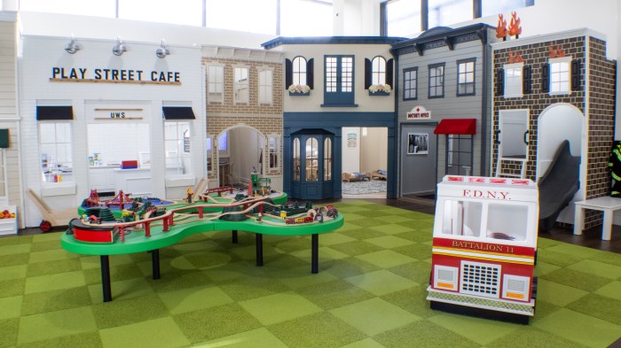 mini town exhibit with fake buildings at Play Street Museum, a children's museum in NYC