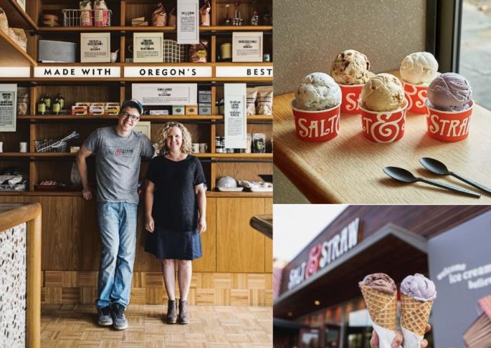 Salt & Straw ice cream founders with scoops of flavors