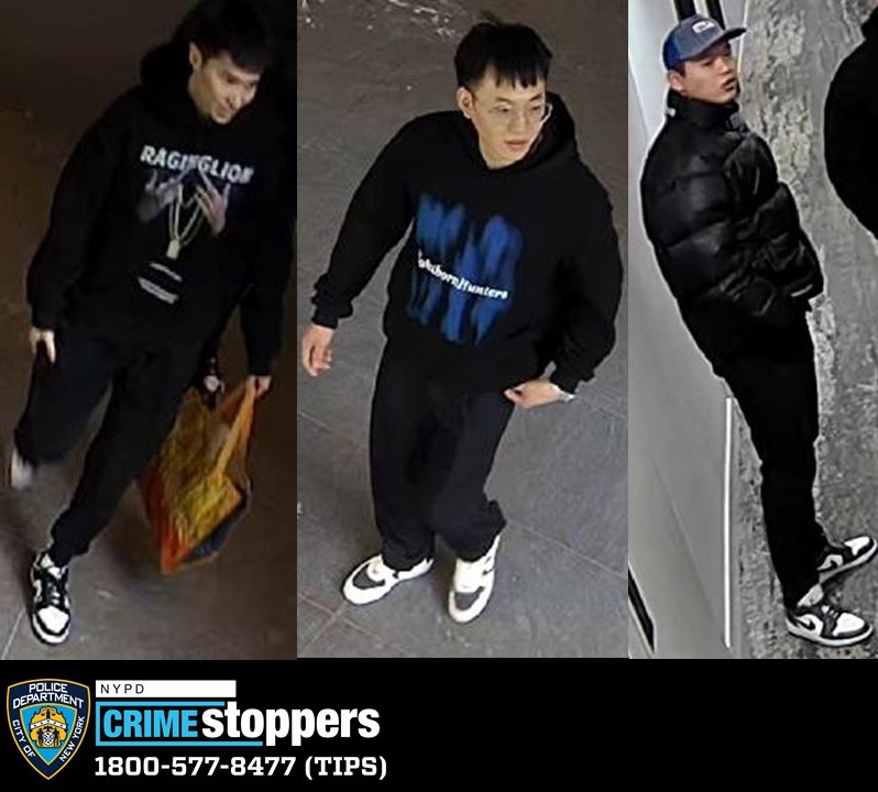 three men wearing mostly black wanted for robbery in Lower Manhattan