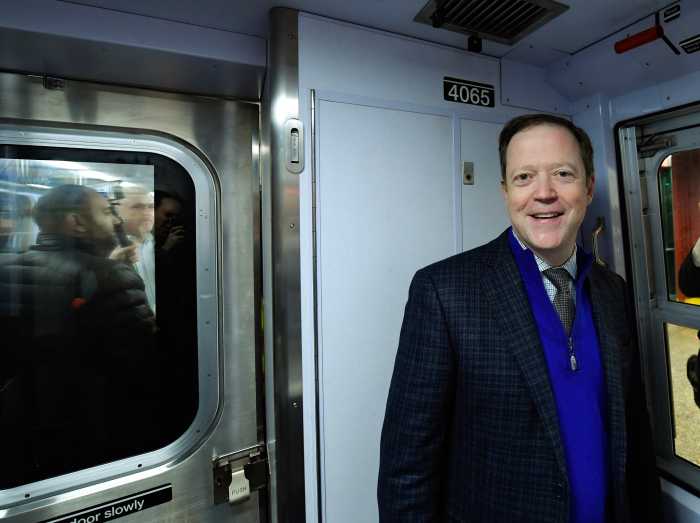 NYC Transit President Richard Davey on the inaugural ride of the R211 train in March 2023.