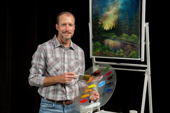 Nicholas Hankins appears in the studio during a taping of "The Joy of Painting with Nicholas Hankins: Bob Ross' Unfinished Season."