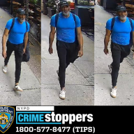 man in blue shirt, black pants wearing backpack wanted for assault in Manhattan