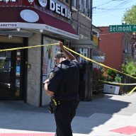 Police Officers and NYPD brass at the scene of a shooting at 1021 Belmont Avenue in Brooklyn.