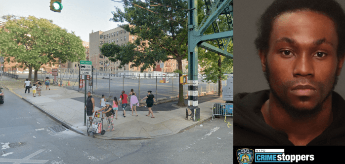 people outside in a Bronx street during the day; inset of suspect wanted for rape