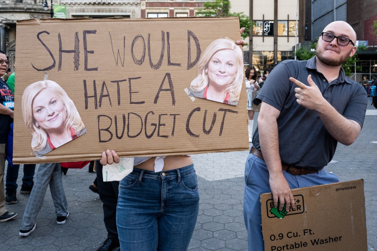 One protestor thinks that Amy Poehler's "Parks and Recreation" character Leslie Knope would disagree with the cuts.