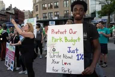 Park advocates demand Mayor Adams restore the NYC parks' budget cuts at a rally in Union Square.