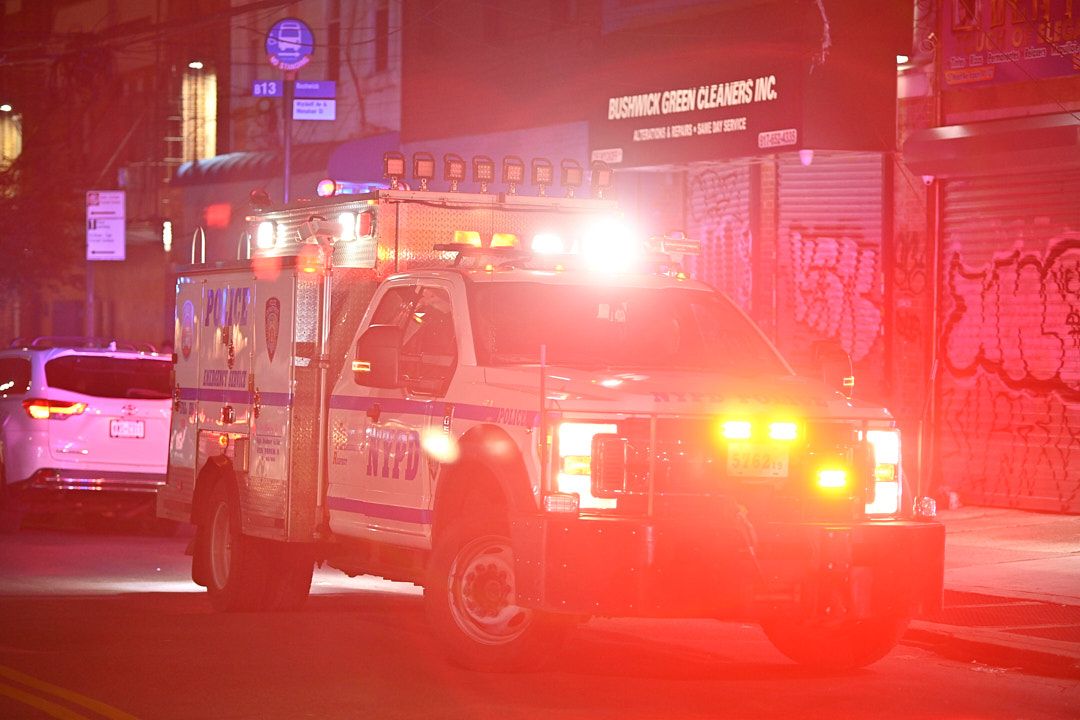 Police say they are searching for a gunman who fired wildly into a Brooklyn Street on Saturday night, hospitalizing a bystander