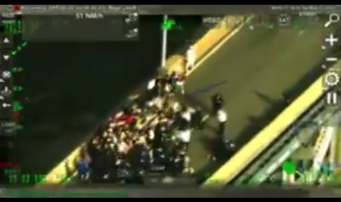 Aerial shot of NYPD confronting protesters on Manhattan Bridge