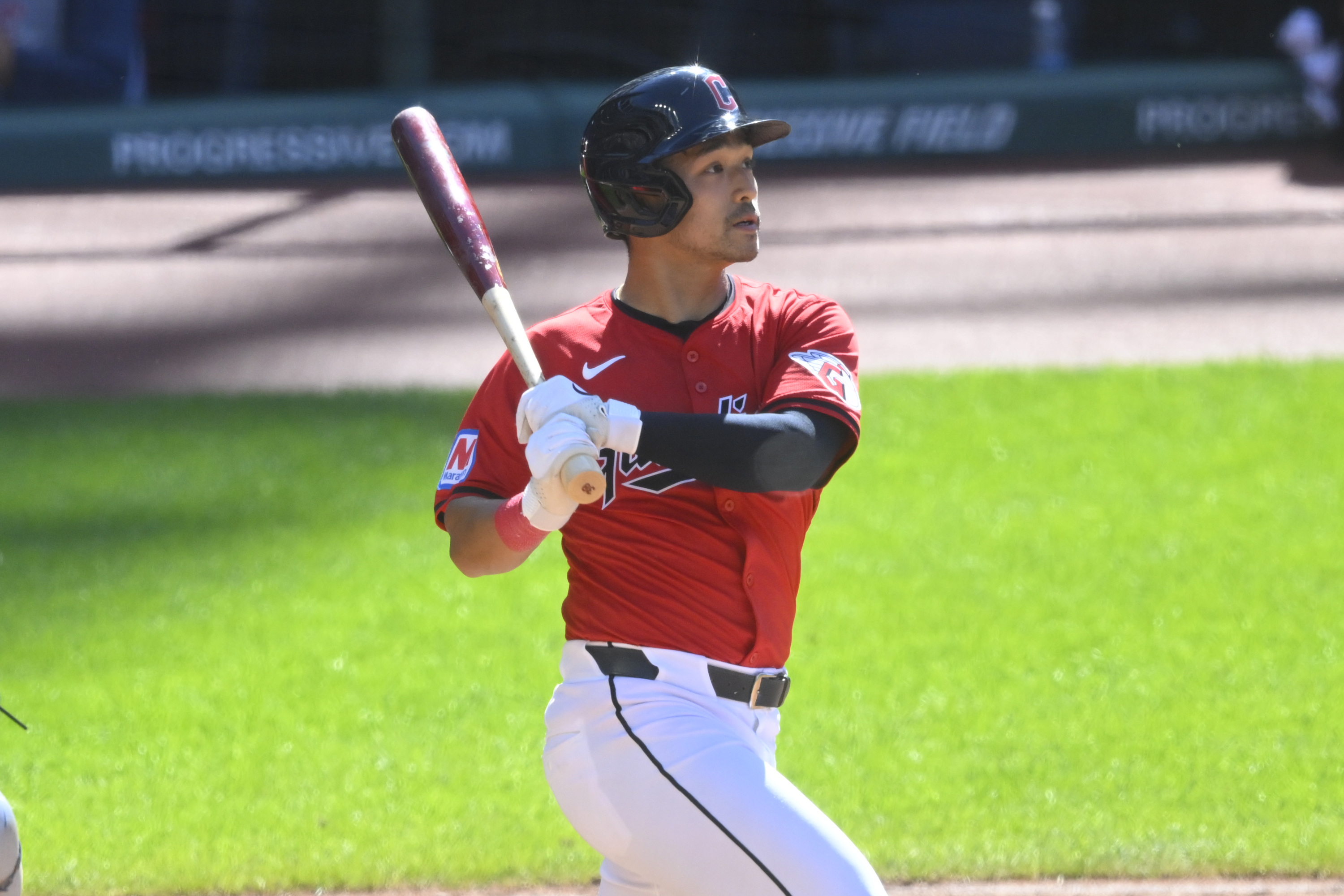 Cleveland Guardians left fielder Steven Kwan (38) singles in the eighth inning against the Toronto Blue Jays at Progressive Field