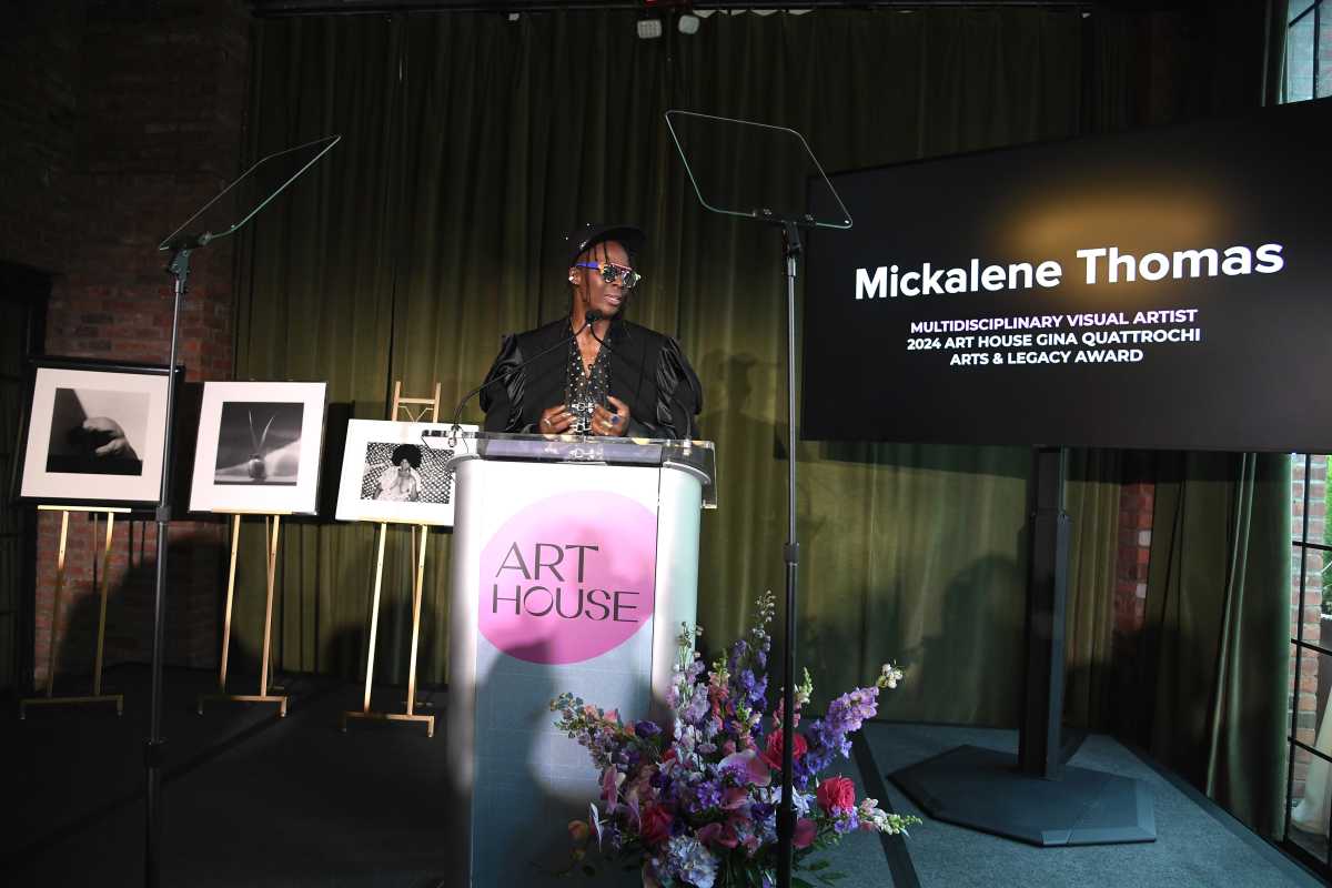 Event honoree Mickalene Thomas speaks to invited guests during the 2024 Art House Benefit for Bailey House at The Bowery Hotel on June 17, 2024 in New York City.