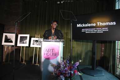 Event honoree Mickalene Thomas speaks to invited guests during the 2024 Art House Benefit for Bailey House at The Bowery Hotel on June 17, 2024 in New York City.