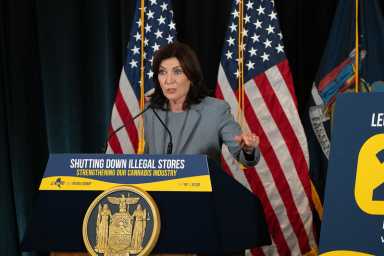 Gov. Kathy Hochul and Mayor Eric Adams tout that over 400 illicit cannabis shops have been padlocked in New York City over the past month. Tuesday, June 18, 2024.