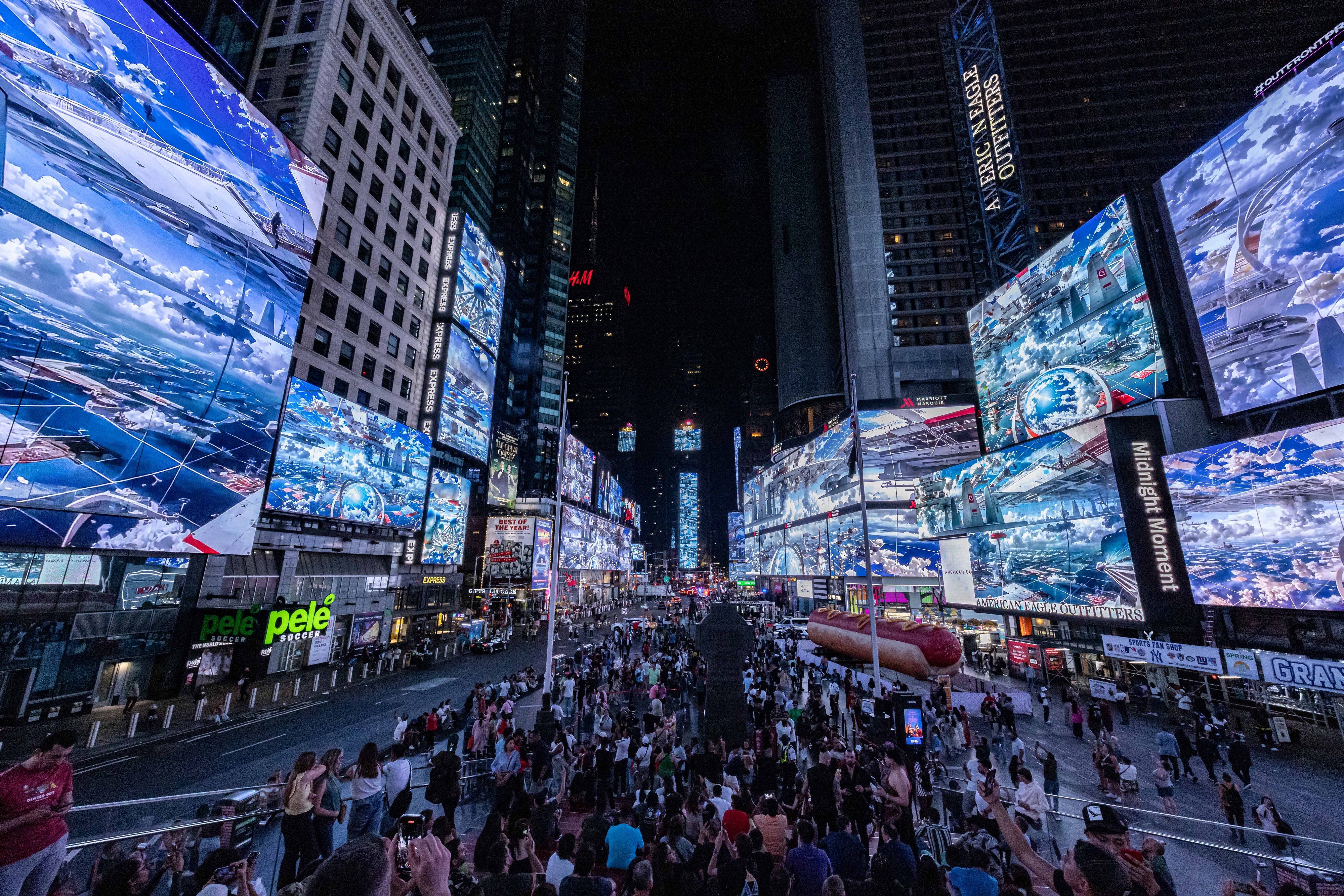 Times square reflection dusk wet rain new york hi-res stock
