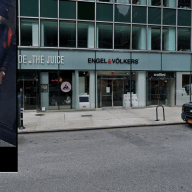 suspect in inset photo wearing mostly black carrying white bag in Midtown