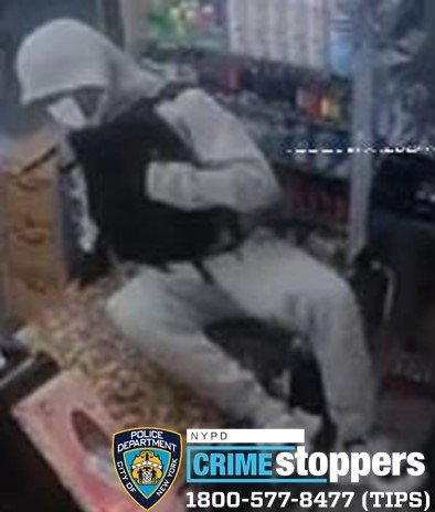 suspect wearing white and white mask wanted for robbery in Bronx and Queens
