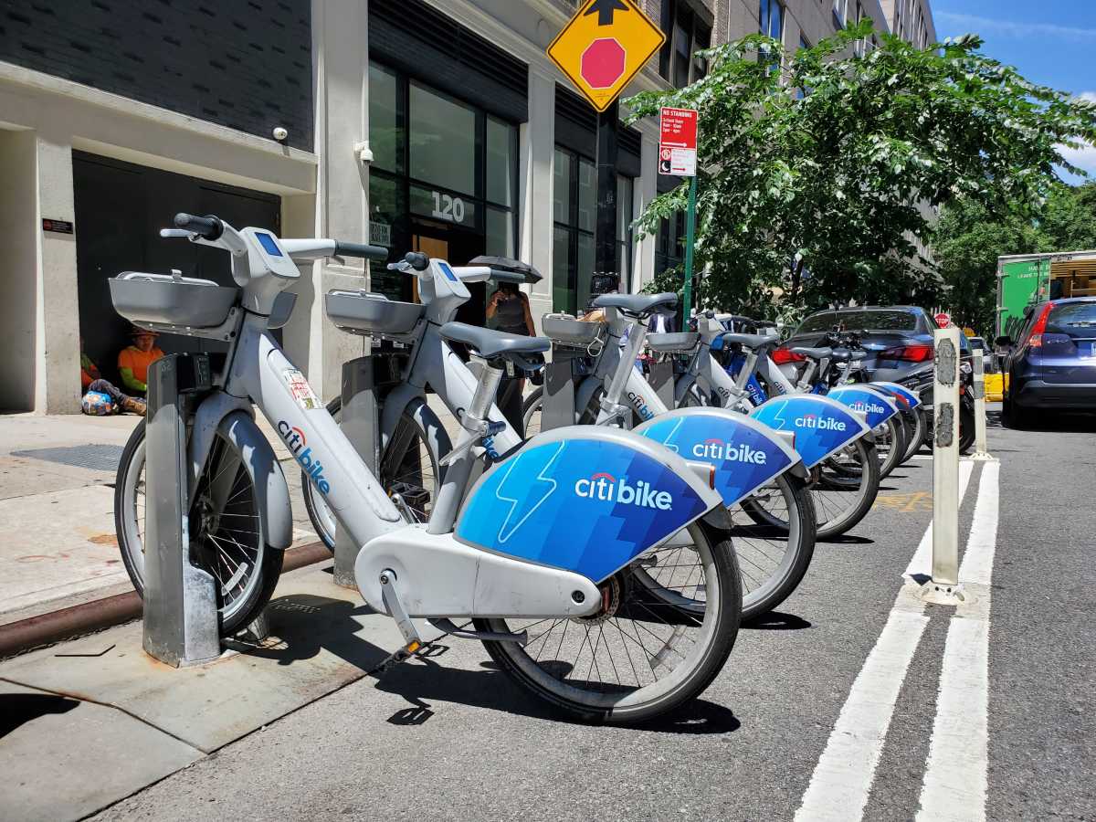 Electric Citi Bikes at a dock in Downtown Brooklyn on July 3, 2024.