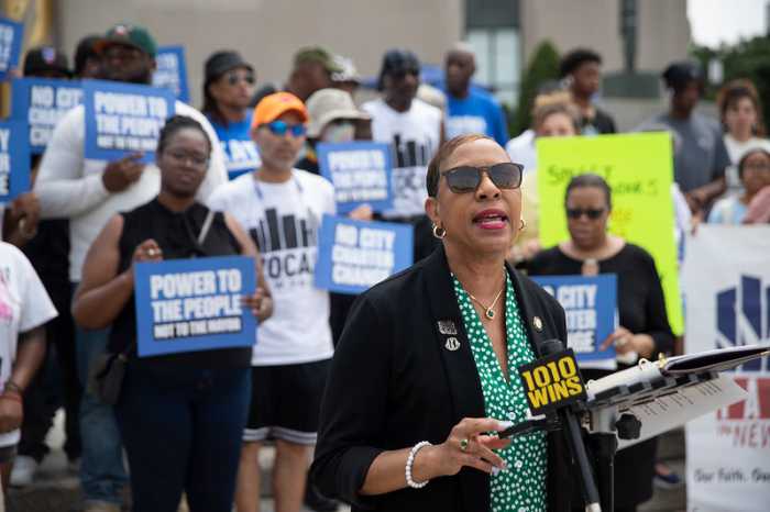 City Council Speaker Adrienne Adams rallies with council members and advocates against the mayor's Charter Revision Commission ahead of its final meeting at the Brooklyn Public Library's Central Branch. Thursday, July 25, 2024.