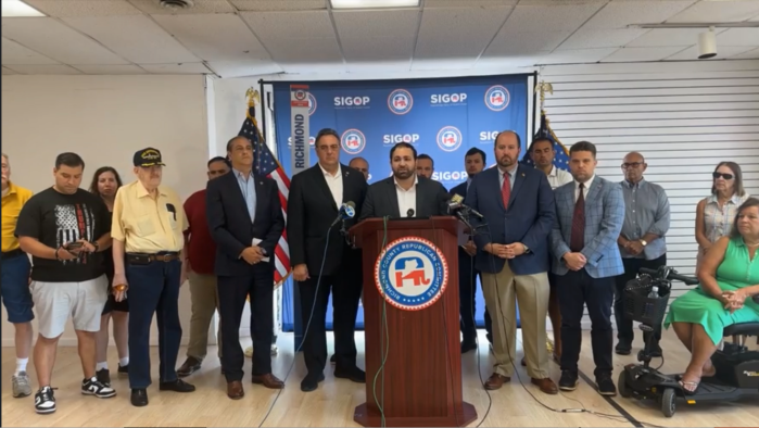 Staten Island GOP members condemn the attack on former U.S. President Donald Trump during a press conference on Staten Island on July 14, 2024.