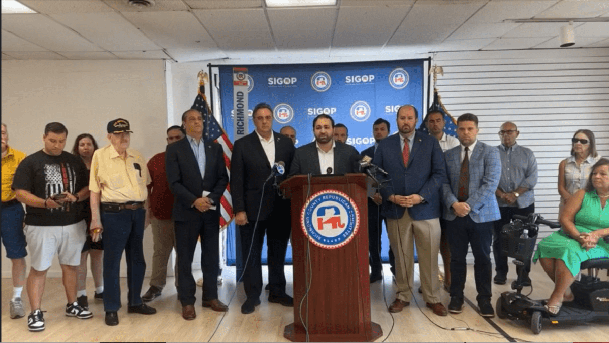Staten Island GOP members condemn the attack on former U.S. President Donald Trump during a press conference on Staten Island on July 14, 2024.