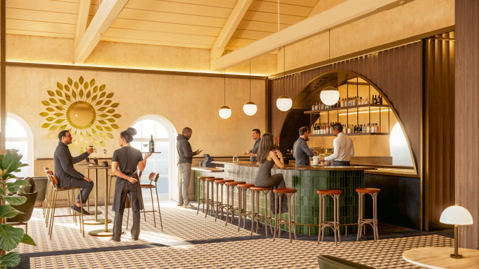 Rendering of an indoor cafe planned for Governors Island.