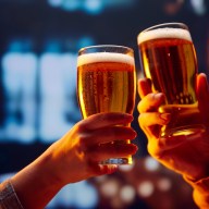 Hands holding lager light foamy big beer glasses and clinking. Two friends sitting in bar and drinking alcohol drinks. Concept of Beer Fest, party, celebration, taste, national traditions.