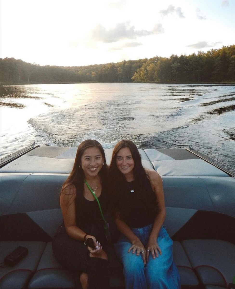 Liv Schreiber knows the secret to making friends after college 3 Two campers pose on a boat in The Poconos in Pennsylvania.