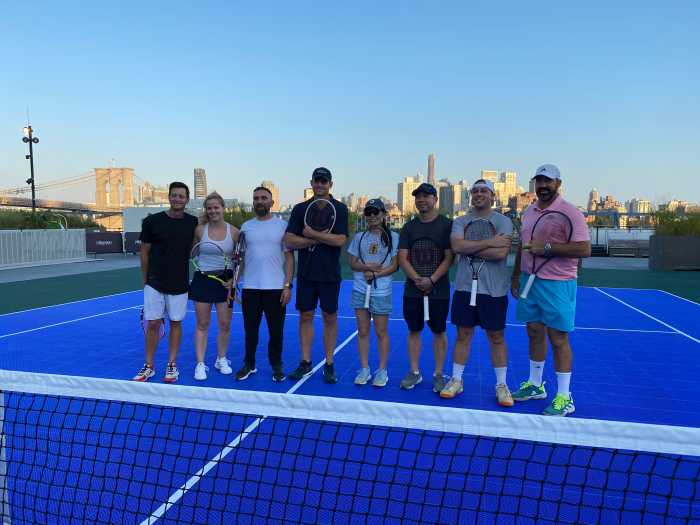 US Open winner, Andy Roddick, fourth from left, held a tennis clinic in Lower Manhattan.