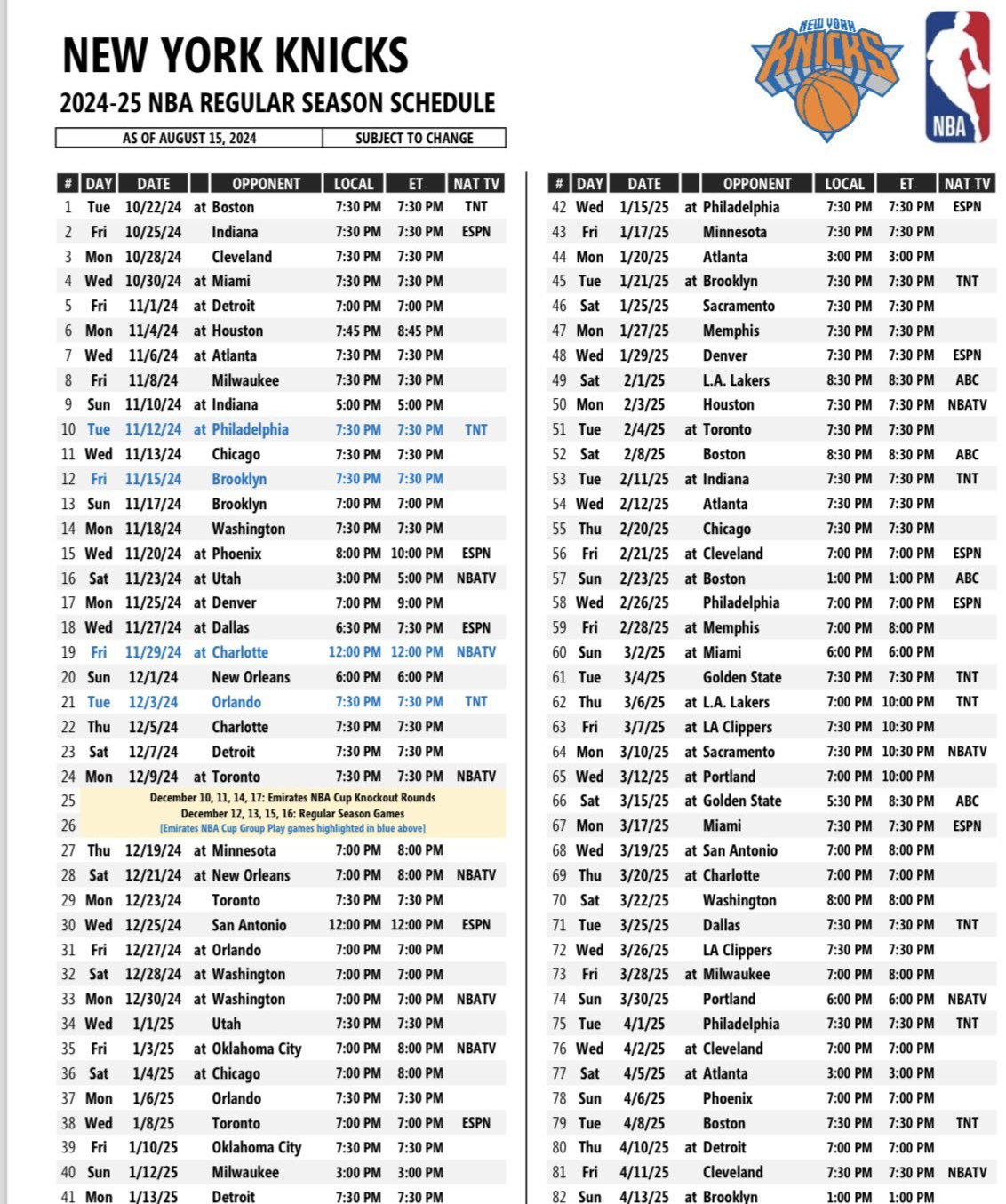 Knicks 202425 schedule release New York returns to NBA’s Christmas