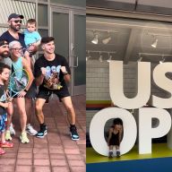 Left: a group of adults and kids pose. right: a child sits on the US open logo sign