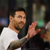 Lionel Messi out of uniform waves to fans NYCFC