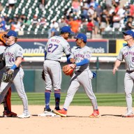 Mets celebrate after win Francisco Lindor Pete Alonso Mark Vientos Harrison Bader