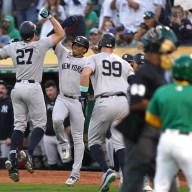 Giancarlo Stanton Juan Soto Aaron Judge of the Yankees celebrate a home run