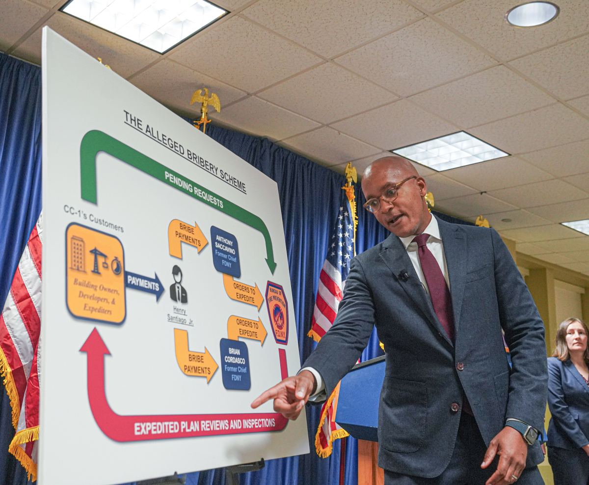 'Classic pay-to-play': Two ex-Fire Department chiefs arrested on federal bribery and corruption charges 2 US Attorney points to chart on Fire Department chiefs scam