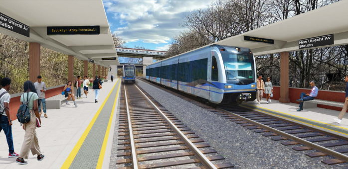 An artist's rendering of the proposed New Utrecht Ave station on the Interborough Express in Borough Park, Brooklyn.