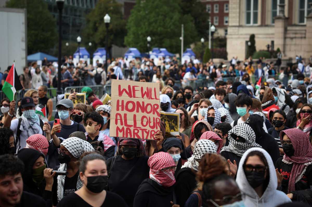 Pro-Palestinian demonstrators gather on the campus of Columbia University, on the one-year anniversary of Hamas' October 7 attack, amid the ongoing Israel-Hamas conflict, in New York City, U.S., October 7, 2024. REUTERS/Mike Segar