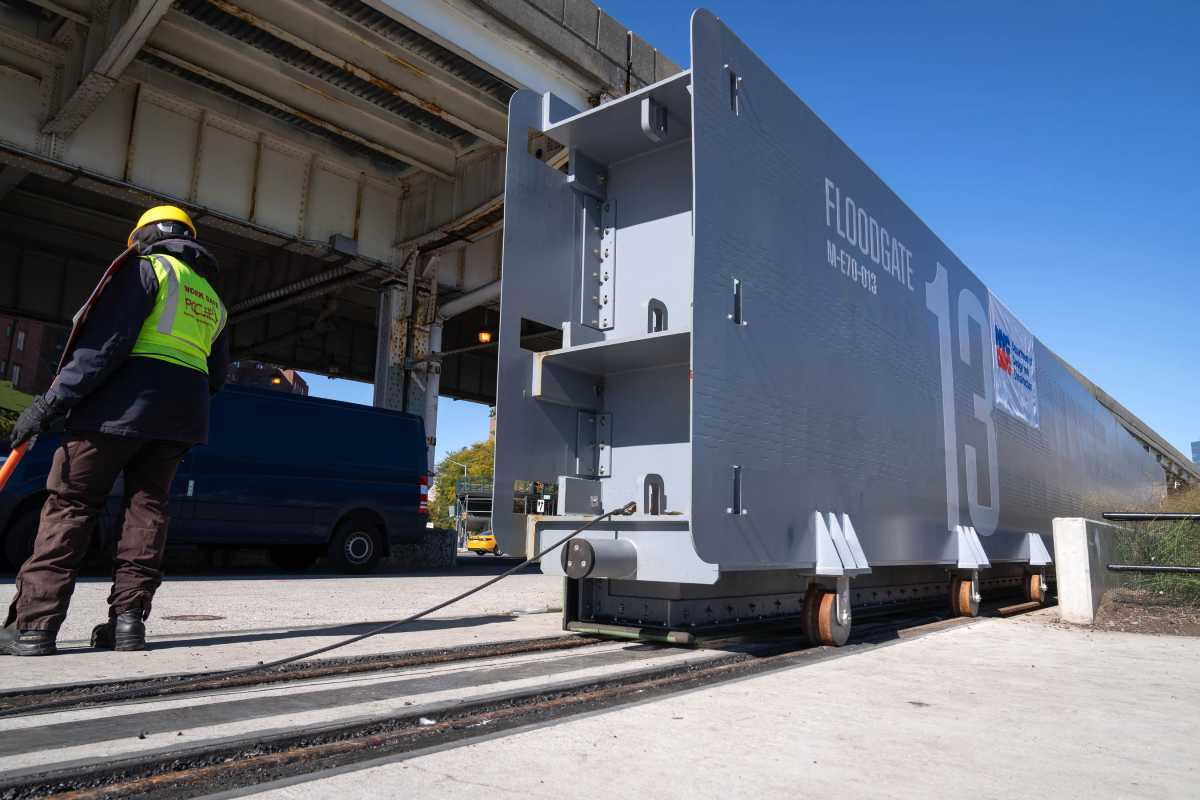 A floodgate in the completed section of the East Side Resiliency project on Oct. 17, 2024.