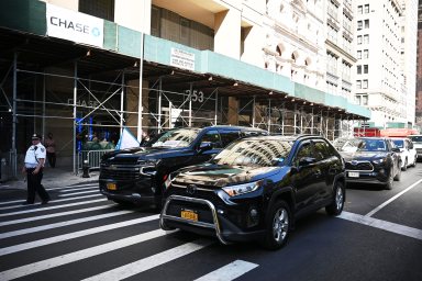 Uber and Lyft drivers in Lower Manhattan.