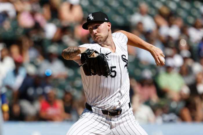 USA; Chicago White Sox starting pitcher Garrett Crochet (45) delivers a pitch against the New York Mets during the first inning at Guaranteed Rate Field.